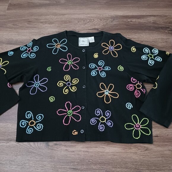 Michael Simon Lite Cardigan Floral Embroidered Black Women's Large Top - Picture 1 of 4